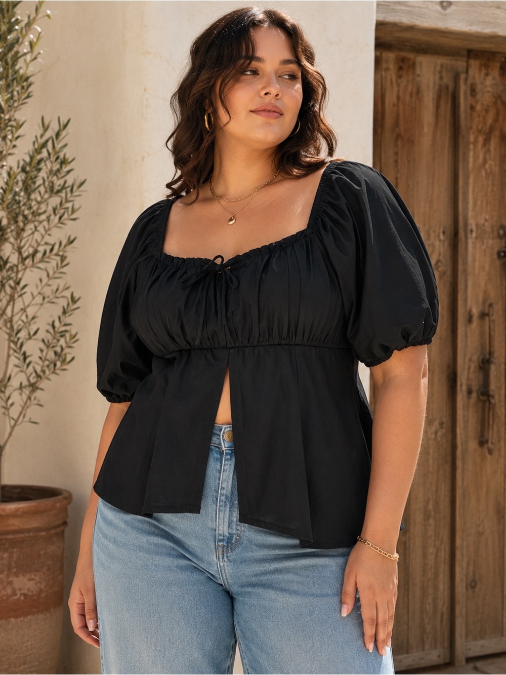 Black Peasant Puff Sleeve Peplum Top Empire Waist Ruched Tie Front Size 6
